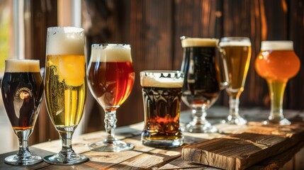 Selection of craft beers in different glasses, pub interior, rustic table, daylight ambiance, high detail, detailed illustration