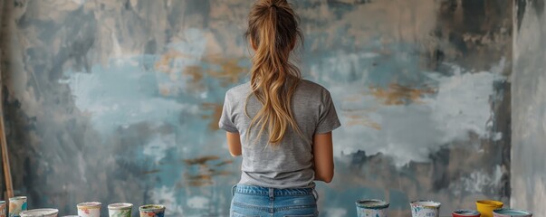 Fototapeta premium An artist stands back to assess her canvas, surrounded by paint cans in a studio, reflecting on her creative process and art