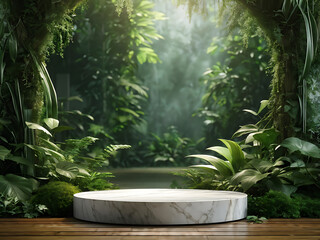  Podium background product green nature 3D forest stand white plant. Cosmetic background product podium display wood jungle studio garden beauty platform presentation mockup pedestal stone tropical 
