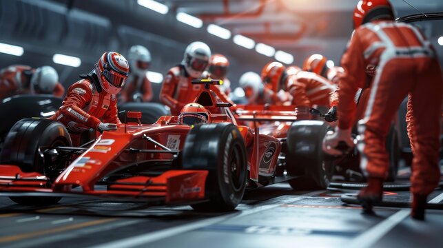 A red Formula One race car is being serviced during a pit stop with a team of mechanics in red suits surrounding it.