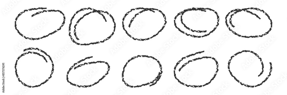 Poster pencil drawn ellipse circles set. doodle oval for highlight important note. black chalk crayon paint