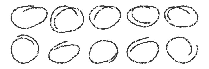 Pencil drawn ellipse circles set. Doodle Oval for Highlight important note. Black chalk crayon paint texture frame collection isolated on white. Scribble freehand round shape. Vector design element