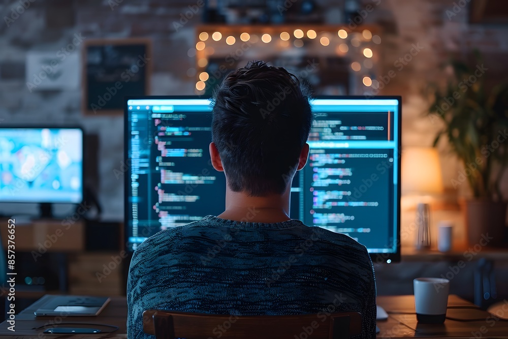 Poster man working at desk with dual monitors