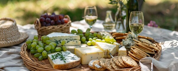 Picnic setup with a variety of cheeses