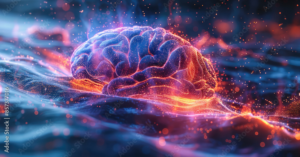 Aufkleber a 3d depiction of vivid brain waves from a female's mind, transforming into digital data particles, 