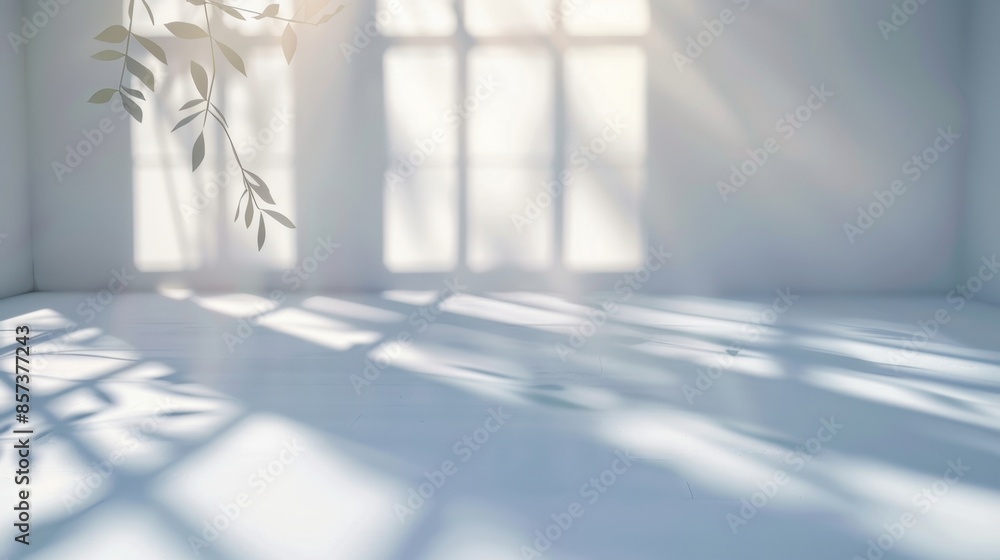 Poster sunlight streams through a window casting shadows on a white floor and wall, creating a soft, ethere