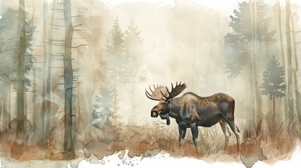 Watercolor illustration of a moose in a misty woodland. Soft browns and greens create a serene atmosphere.