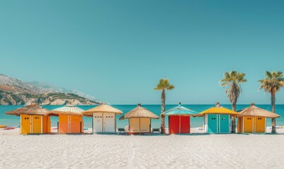 Row of beach cabanas with umbrellas