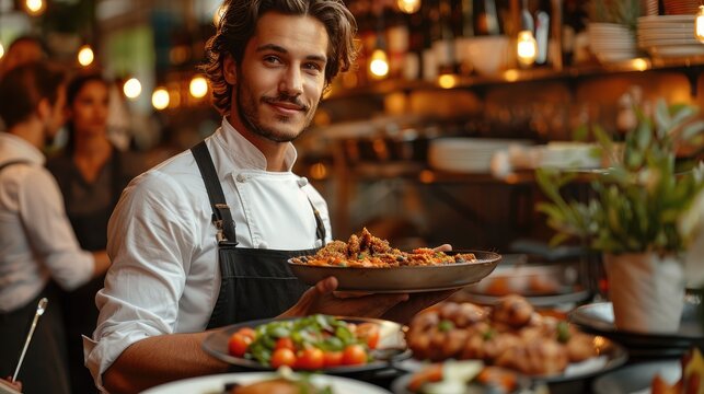 Waiter serving food to customers during party in restaurant. Generative AI.