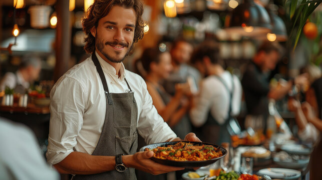 Waiter serving food to customers during party in restaurant. Generative AI.