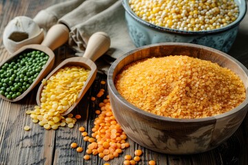 Assorted cereals in bowls with wooden scoops Lentils bulgur peas in red yellow green