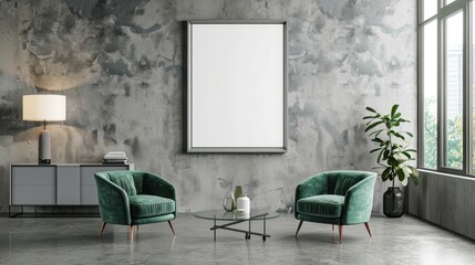 A living room with two green chairs and a white framed picture