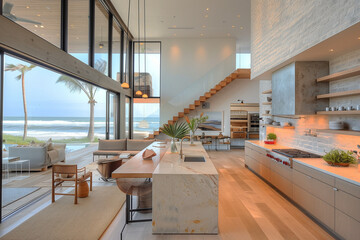 Modern minimalist kitchen with clean lines and natural materials, illuminated by the warm glow of the afternoon sun, showcasing the open floor plan and seamless integration with the coastal outdoors.