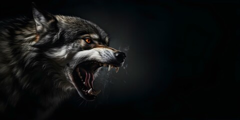 Angry wolf growling against black background space for text wild animal theme. Concept Wildlife Photography, Animal Behavior, Dark Aesthetics, Nature Encounters, Fearless Creatures