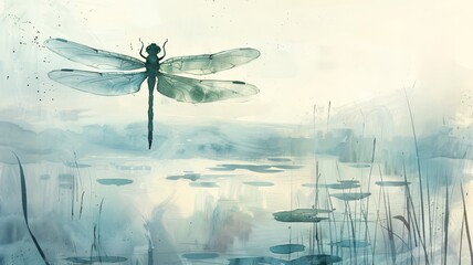 Watercolor Illustration of a Dragonfly Hovering Above Water. The wings of the dragonfly are elegantly spread.