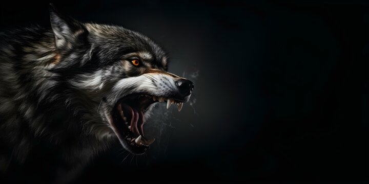 Angry wolf growling against black background space for text wild animal theme. Concept Wildlife Photography, Animal Behavior, Dark Aesthetics, Nature Encounters, Fearless Creatures