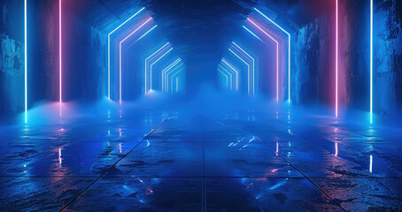 Empty dark background with blue fluorescent neon laser lights. Party and night club concept background with copy space for text or product display. Generative AI.