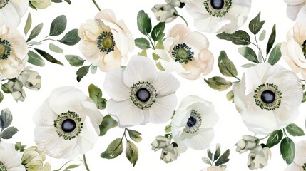 watercolor illustration, seamless botanical pattern of white anemones and green leaves on a white background, for printing on fabric or wedding invitations