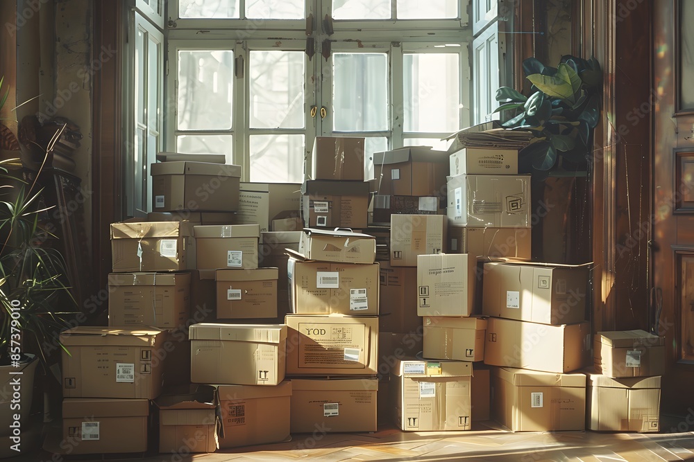 Poster stacked boxes in front of window