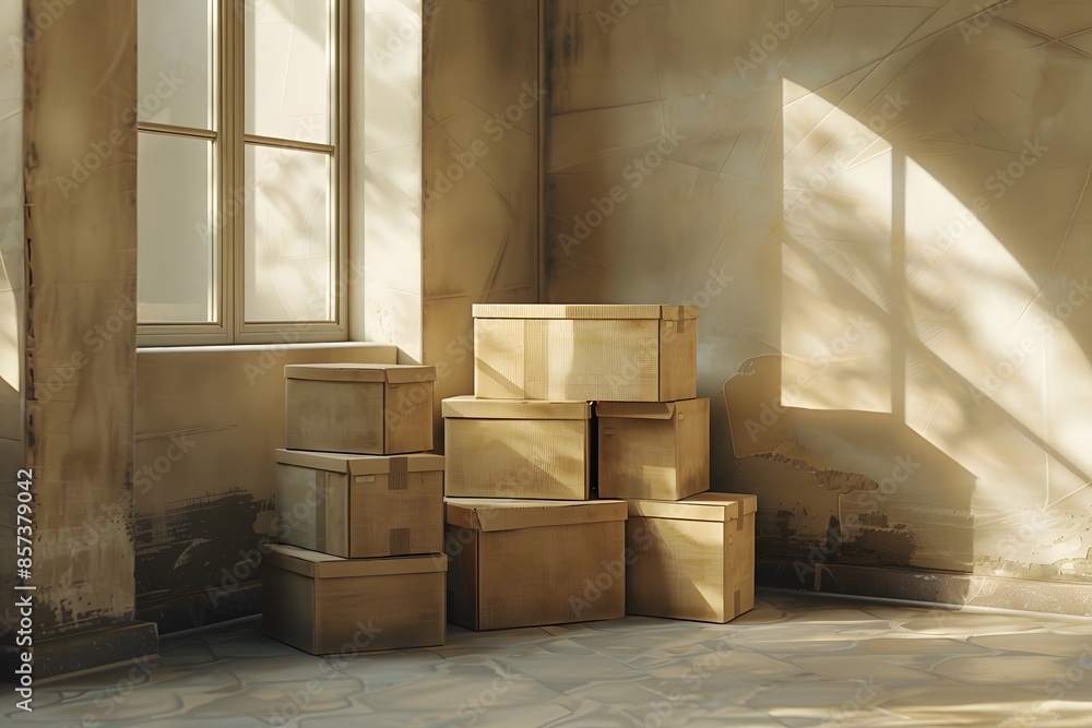 Poster multiple stacked boxes in room with window