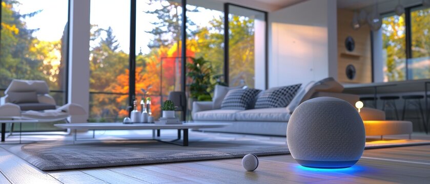 Smart home technology with voice-controlled devices, highlighting convenience and modern living, high resolution for tech use