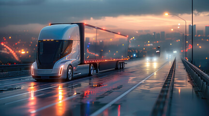 A futuristic self-driving truck hauling two sleek, silver trailers, on location on a deserted, high-tech highway in a sprawling metropolis at dusk, glowing cityscape in the background. Generative AI.