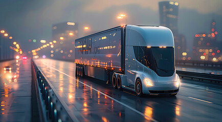 A futuristic self-driving truck hauling two sleek, silver trailers, on location on a deserted, high-tech highway in a sprawling metropolis at dusk, glowing cityscape in the background. Generative AI.
