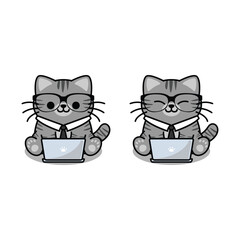 Cute tabby cat gray color with tie and glasses working on a laptop cartoon, vector illustration
