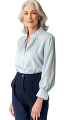 Middle aged senior white businesswoman, dressed in a suit, white blouse, skirt, and heels. Isolated transparent background, centered full body portrait