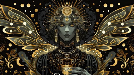 Fototapeta premium A woman with a gold headdress and wings is holding a cup
