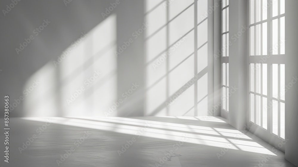 Poster sunlight casts a pattern of shadows onto the floor and walls of a white room.