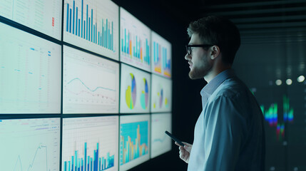 A professional data engineer is looking at multiple screens displaying graphs and charts, analyzing business analytics in an office setting. 