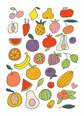 delicious juicy fruits set. Images of fruits isolated. Healthy food. Food doodle. Vector illustration.