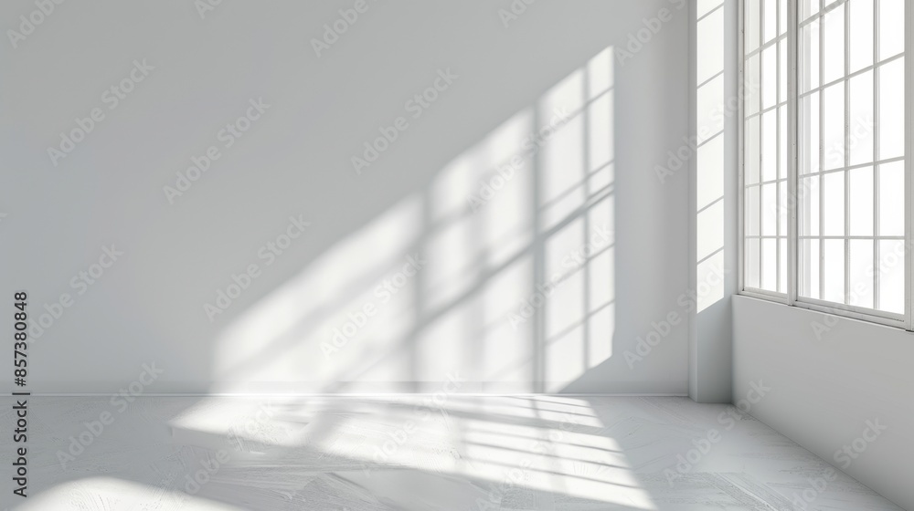 Poster a white room with a large window allowing sunlight to stream in and cast shadows on the floor and wa