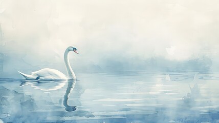Portrait of a graceful swan gliding serenely across a misty tranquil lake