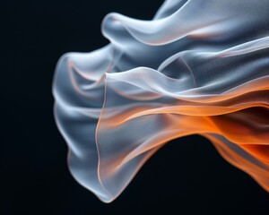 Abstract close-up of fluid, translucent fabric in motion with flowing lines, vibrant orange highlights, and dark background.