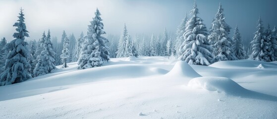 Snow-covered pine trees in a winter wonderland