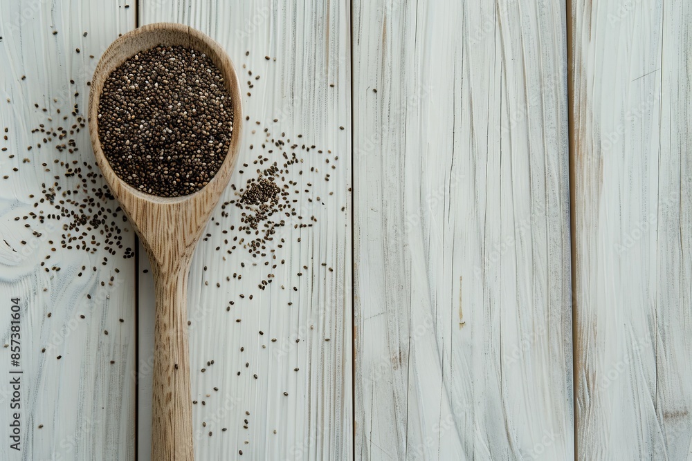 Sticker Chia seeds on wooden spoon on white table promotes healthy eating