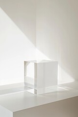 Clear acrylic cube pedestal in a bright, minimalist setting with natural light. Ideal for elegant product displays, exhibitions, and presentations, emphasizing purity and simplicity
