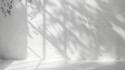 A white wall is illuminated by sunlight, casting delicate shadows of leaves onto the surface.