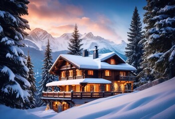 Fototapeta premium picturesque snowy chalet enchanting winter scene trees mountains, cabin, forest, snowcapped, landscape, scenic, snowfall, wonderland, charming, cozy, frosty