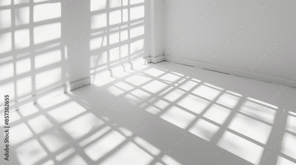 Poster a white room with sunlight streaming through a window, casting a grid pattern on the floor and wall.