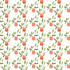 Seamless pattern with potted plants on  delicate stars background. Design for wrapping paper,  fabric and textile. Vector illustration cozy home.