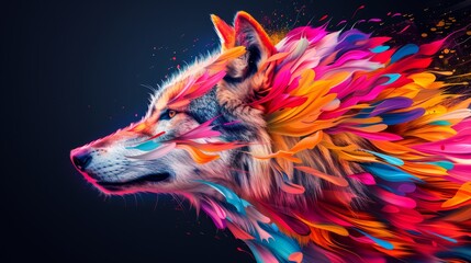 Fototapeta premium Hyperrealistic digitally designed wolf head from the left side, foreground on a black background, dark azure and vibrant colors, intricate mural details