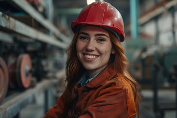 Woman in red hard hat and jacket at factory