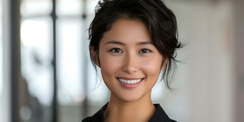 Fototapeta premium Asian woman smiling in pixie hairstyle on white background with copy space. Concept Keywords, Asian woman, smiling, pixie hairstyle, white background, copy space