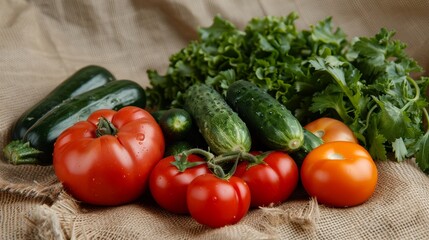 Lush array of farm-fresh vegetables on a burlap surface, displaying the natural beauty of tomatoes, cucumbers, peppers, and greens, perfect for a vegetarian lifestyle