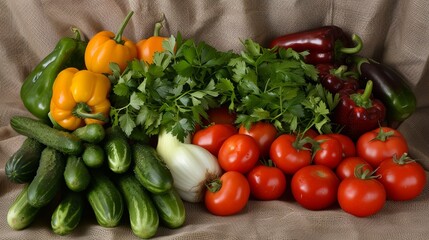 Lush array of farm-fresh vegetables on a burlap surface, displaying the natural beauty of tomatoes, cucumbers, peppers, and greens, perfect for a vegetarian lifestyle