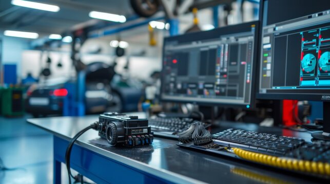 Auto repair courses. computer and tools for car repair on the table