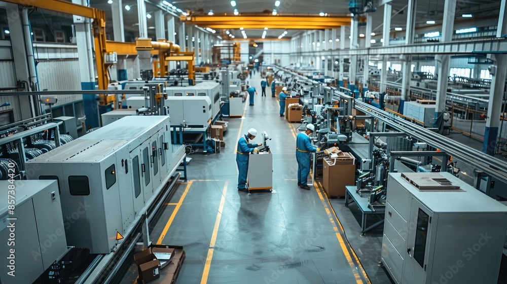 Poster a factory interior with machines and workers engaged in each stage of the production line. generativ